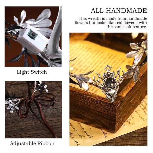 Fairy Crown Silver Antler Floral Headband for Women Renaissance and Cosplay